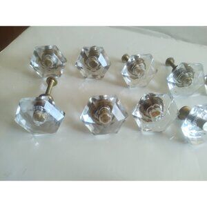 Vintage Cut Glass Drawer Pulls 1 1/4" Hexagonal Brass Inserts (lot of 11)